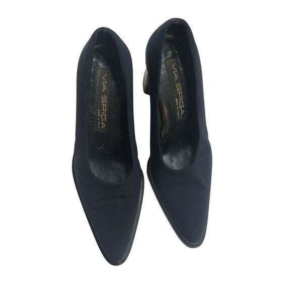Navy Blue Chunky Heel Pointy Toe Elastic Top High Heels Vintage Via Spiga SZ 6.5 - Picture 3 of 6